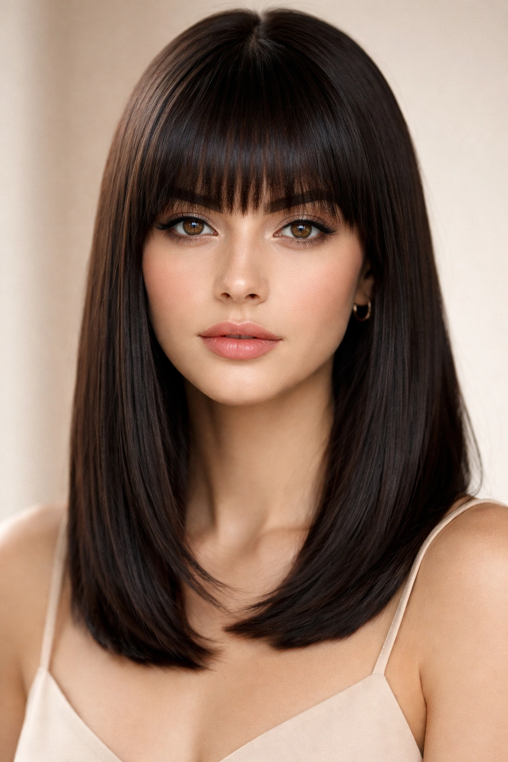 Close-up of straight blunt cut with full bangs framing the face.