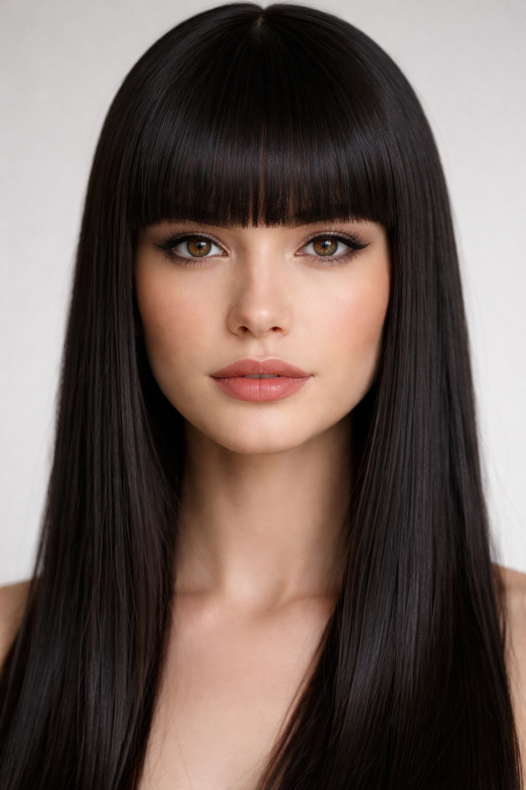 Close-up portrait showing blunt bangs across eyebrows on straight hair
