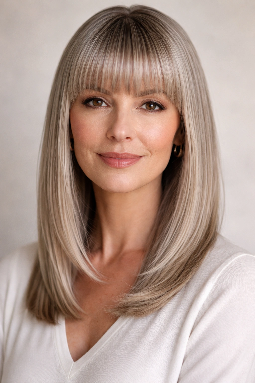 Portrait of a woman with straight hair and blunt bangs