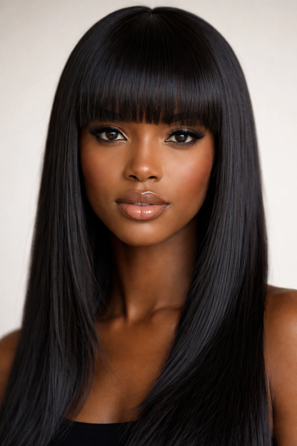 Front view of straight hair with blunt bangs and a crisp, straight line