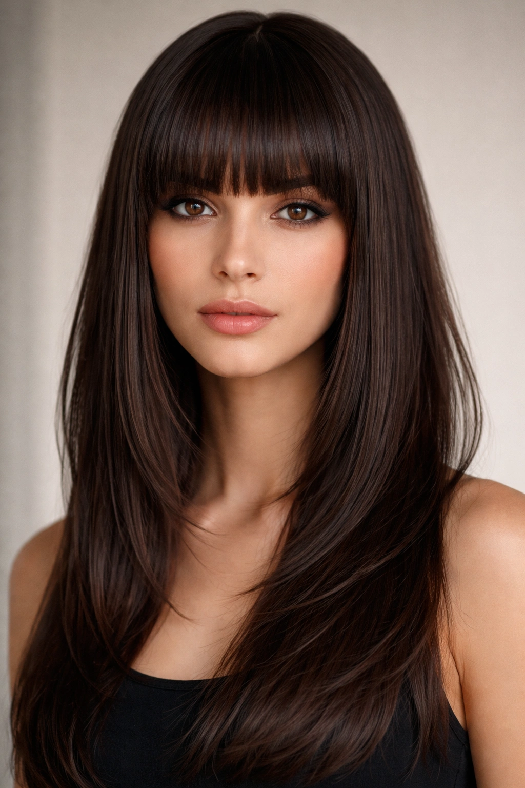Front view of blunt bangs with straight hair and subtle layering.