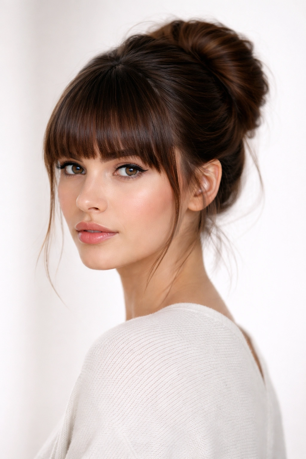 Blunt bangs with a textured bun seen from the front
