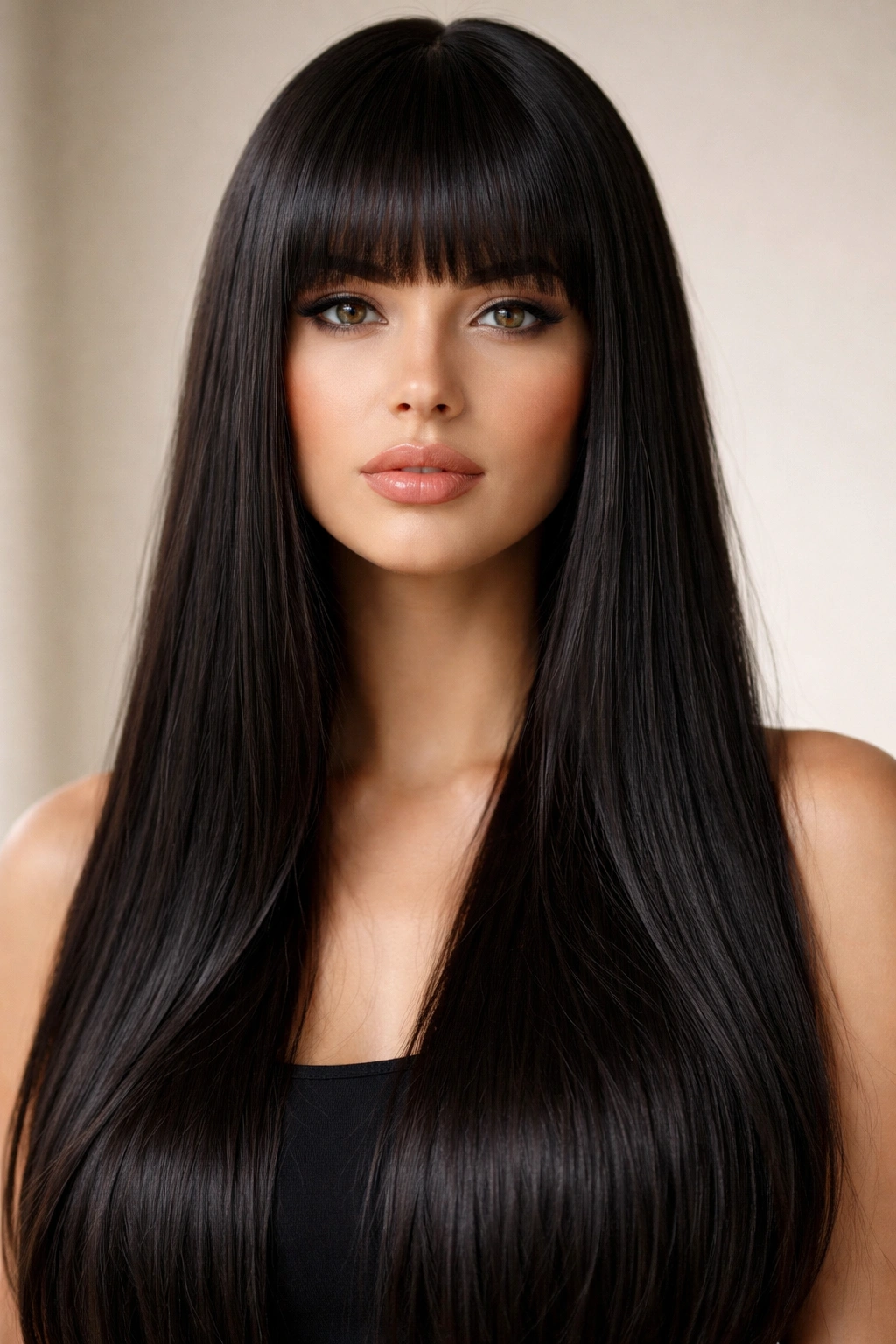 Close-up of blunt bangs on thick straight hair with long glossy locks