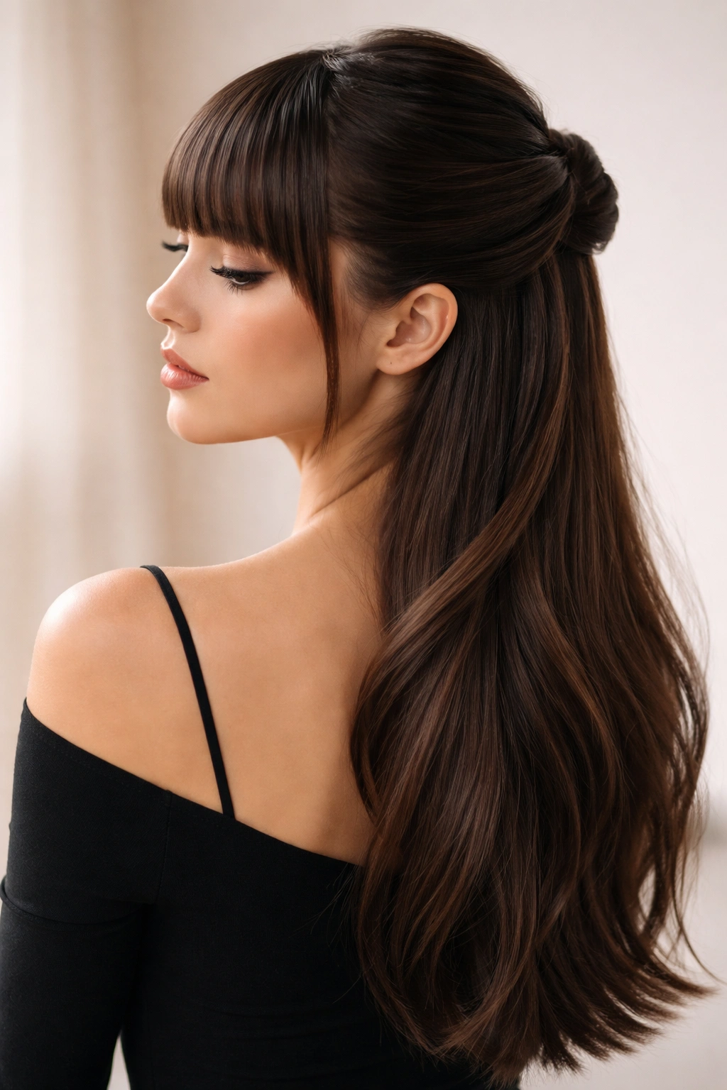 Blunt bangs with sleek twist-around half-up architecture in studio