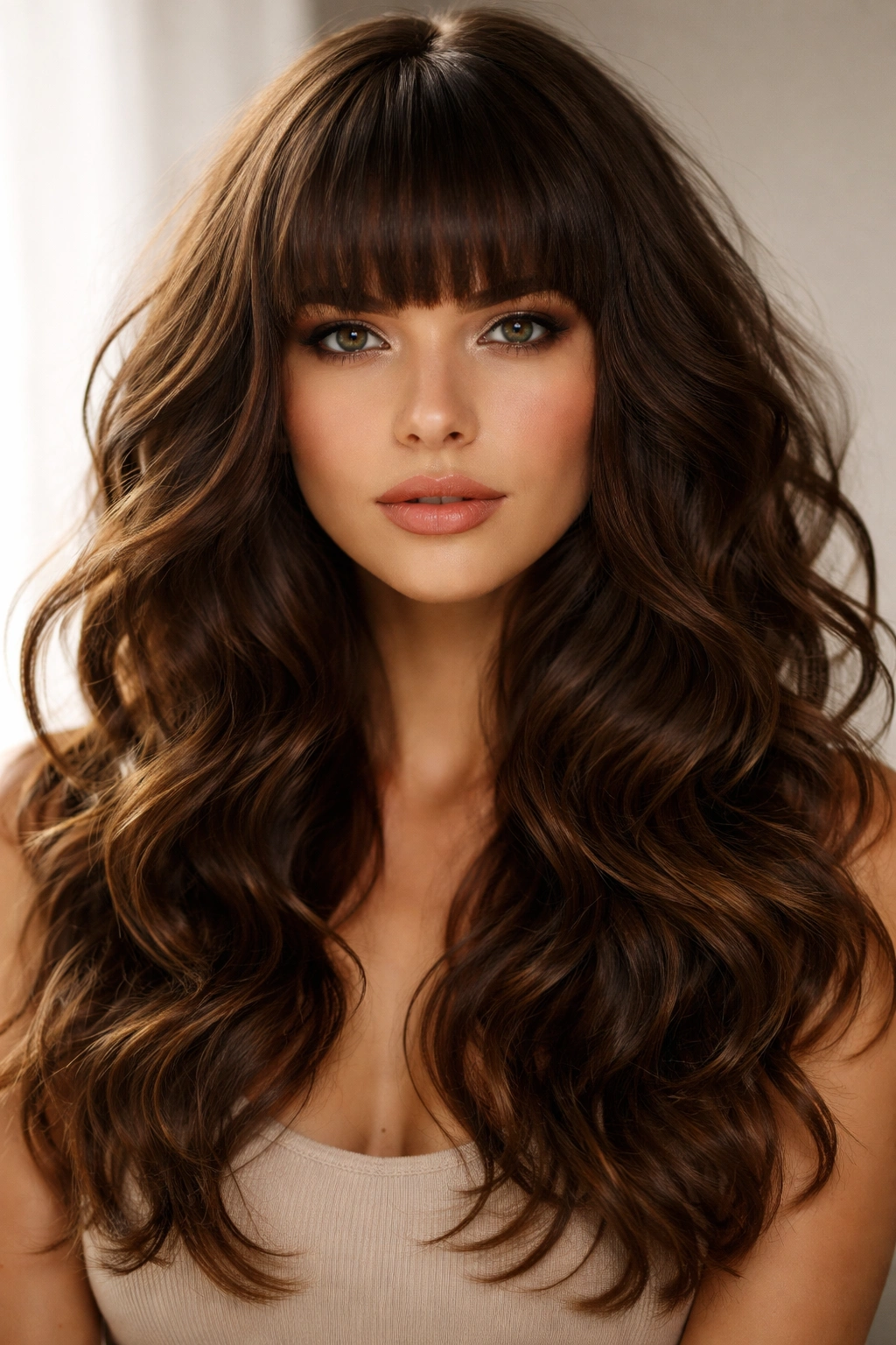 Blunt bangs with voluminous waves showing bold line and textured waves