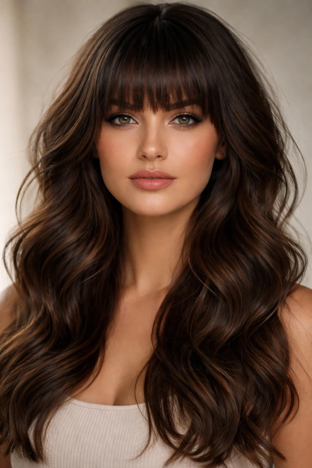 Portrait of thick blunt bangs with loose waves balancing square-face features.
