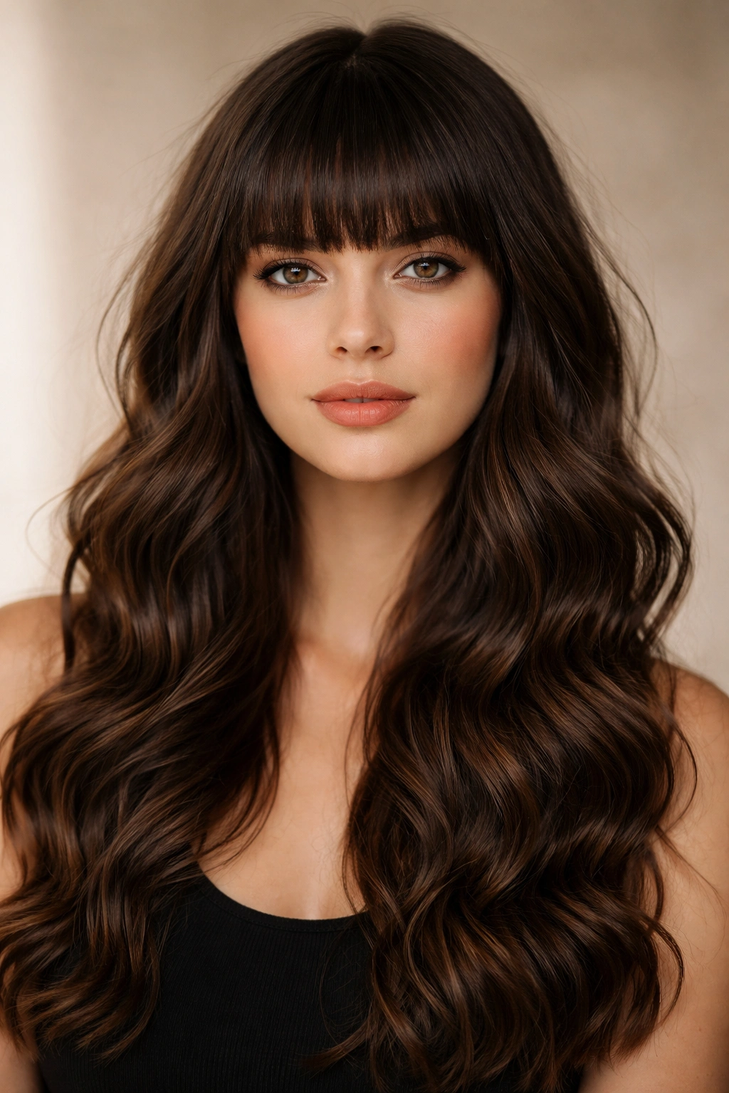 Close-up of blunt bangs with relaxed waves in wavy hair