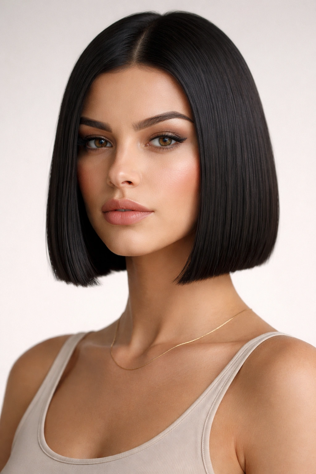 Blunt-cut straight bob ending at chin length with sharp ends