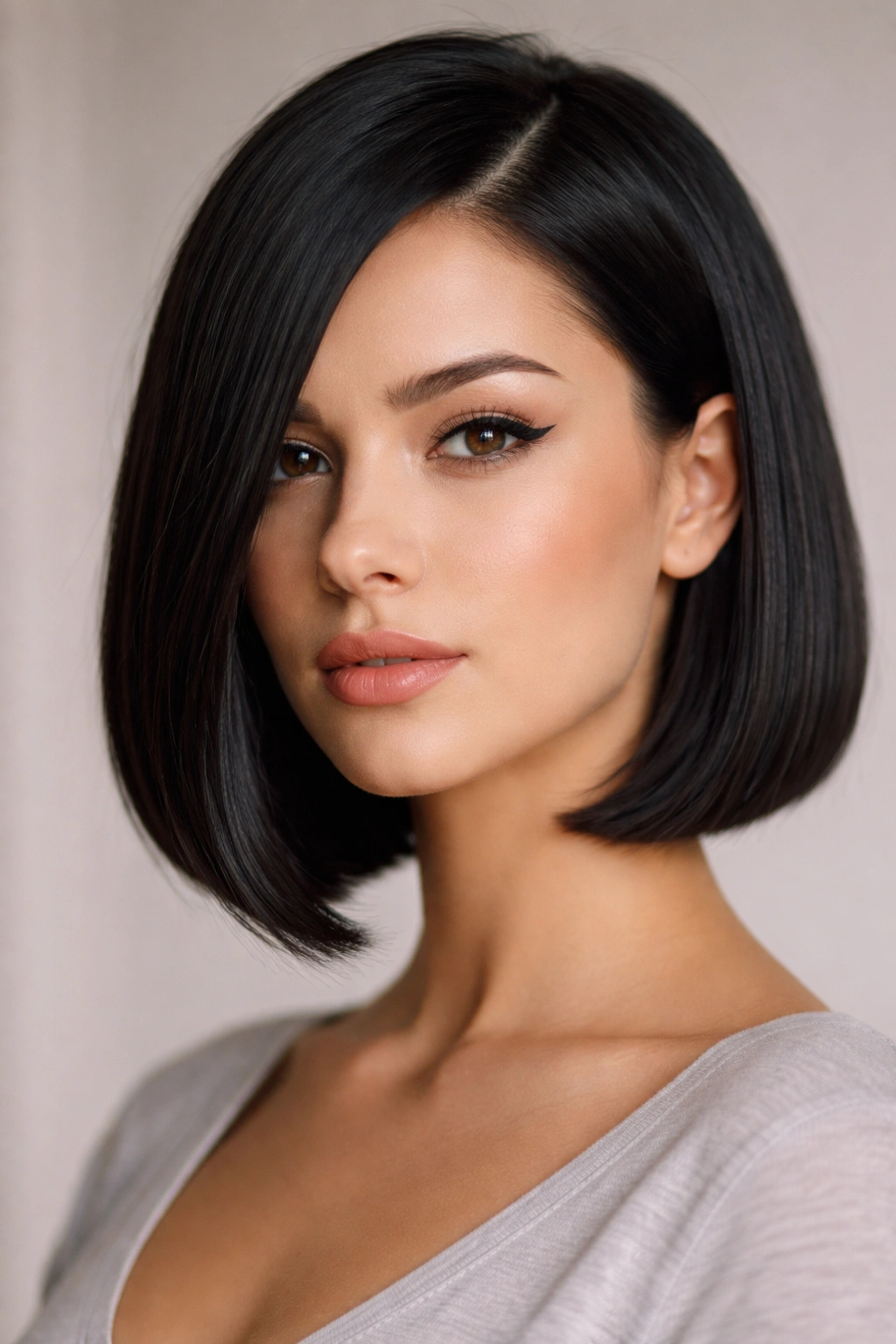 Front view of a blunt chin-length bob with a deep side part and crisp jawline