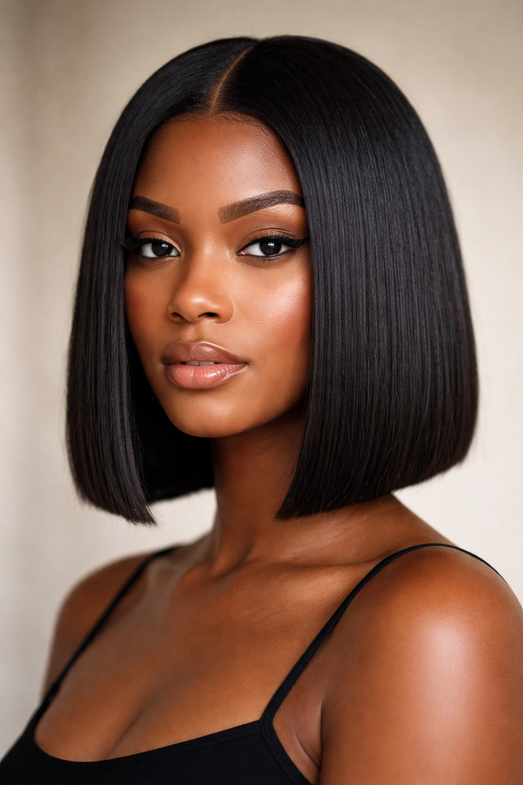Blunt bob haircut with sharp edge on straight 4C hair