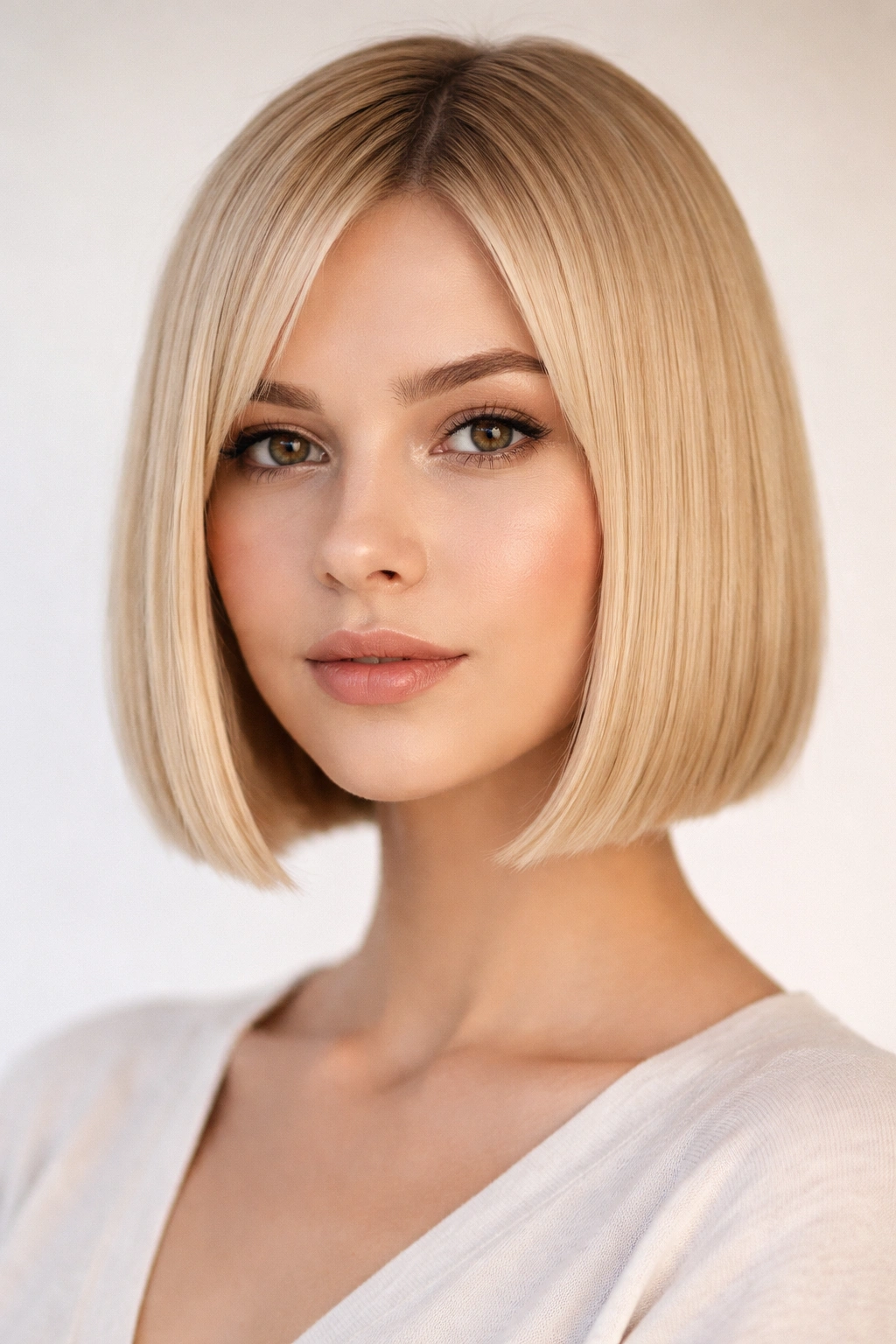 Close-up portrait of a blunt bob on fine straight hair, chin-length, studio lighting