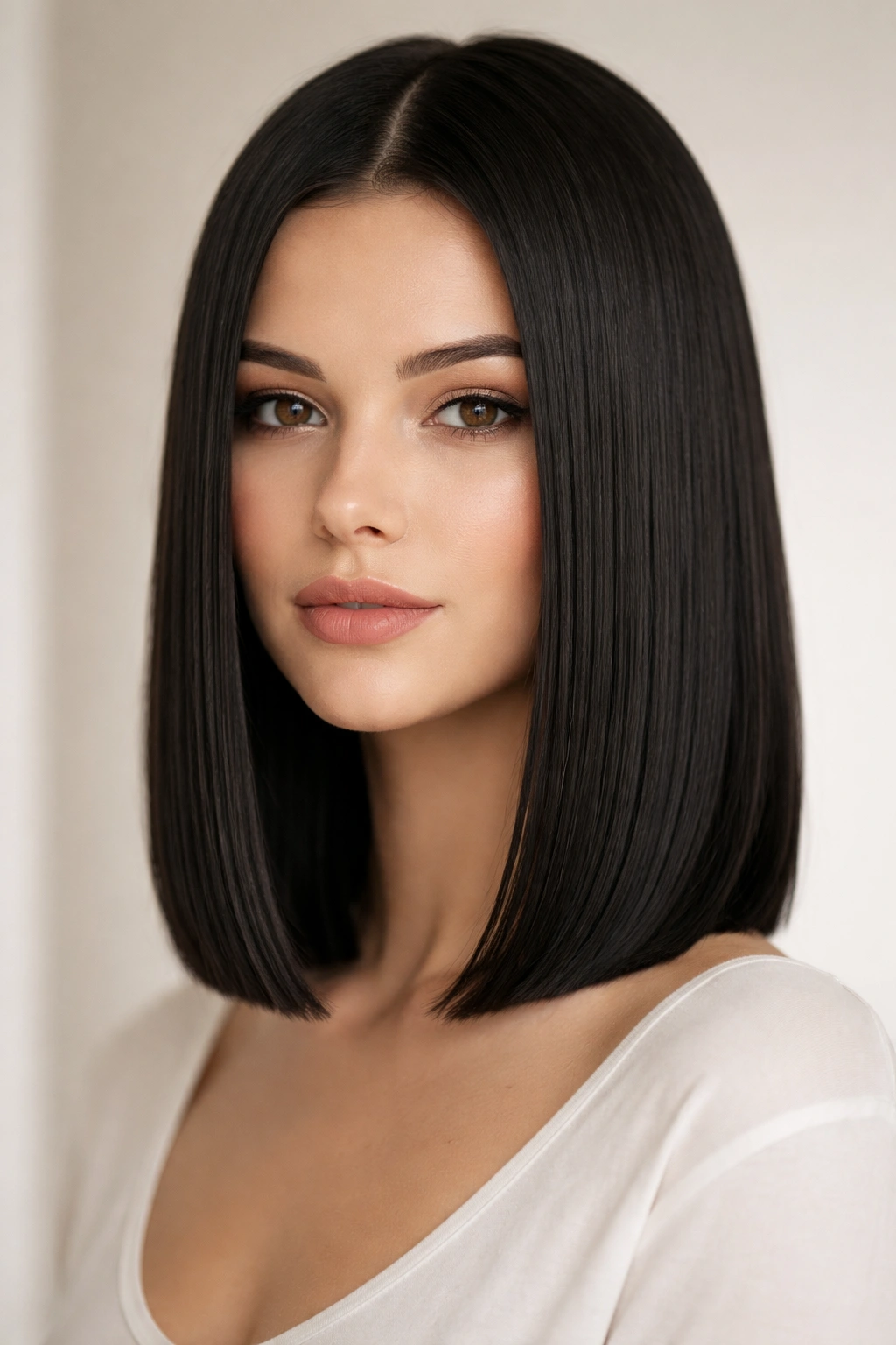 Close-up of a blunt shoulder-length bob with glossy straight hair framing the jawline