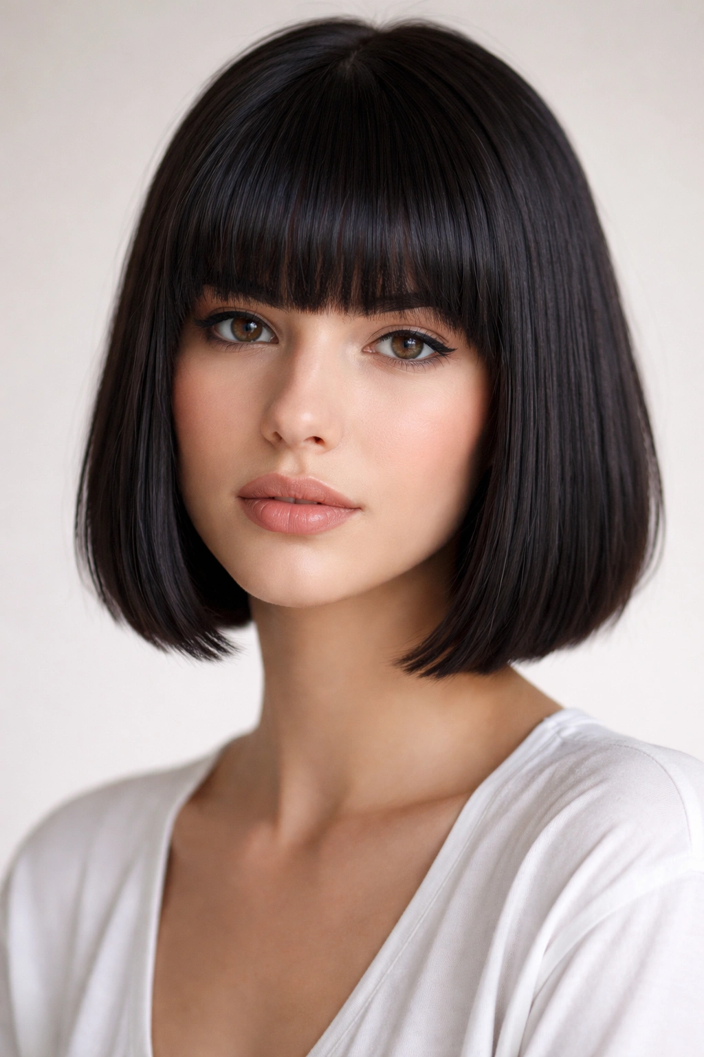 Close-up of a classic blunt bob with heavy bangs on straight hair in a studio.
