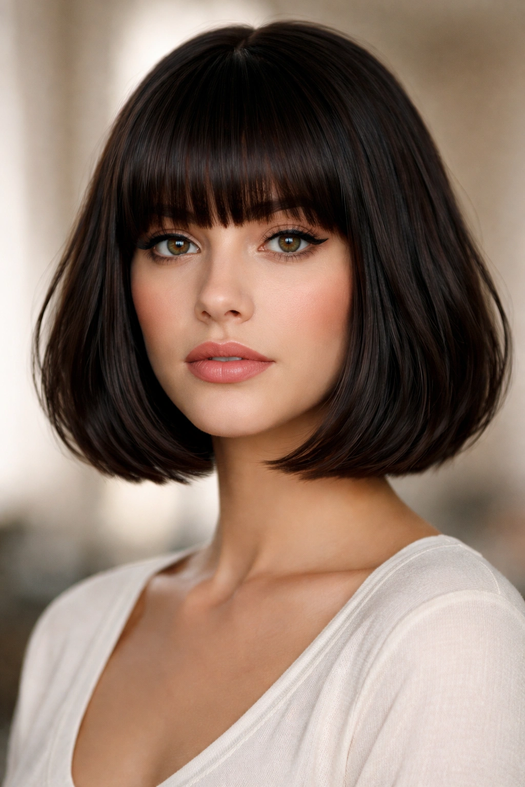 Chin-length blunt bob with heavy bangs creating a bold frontal silhouette