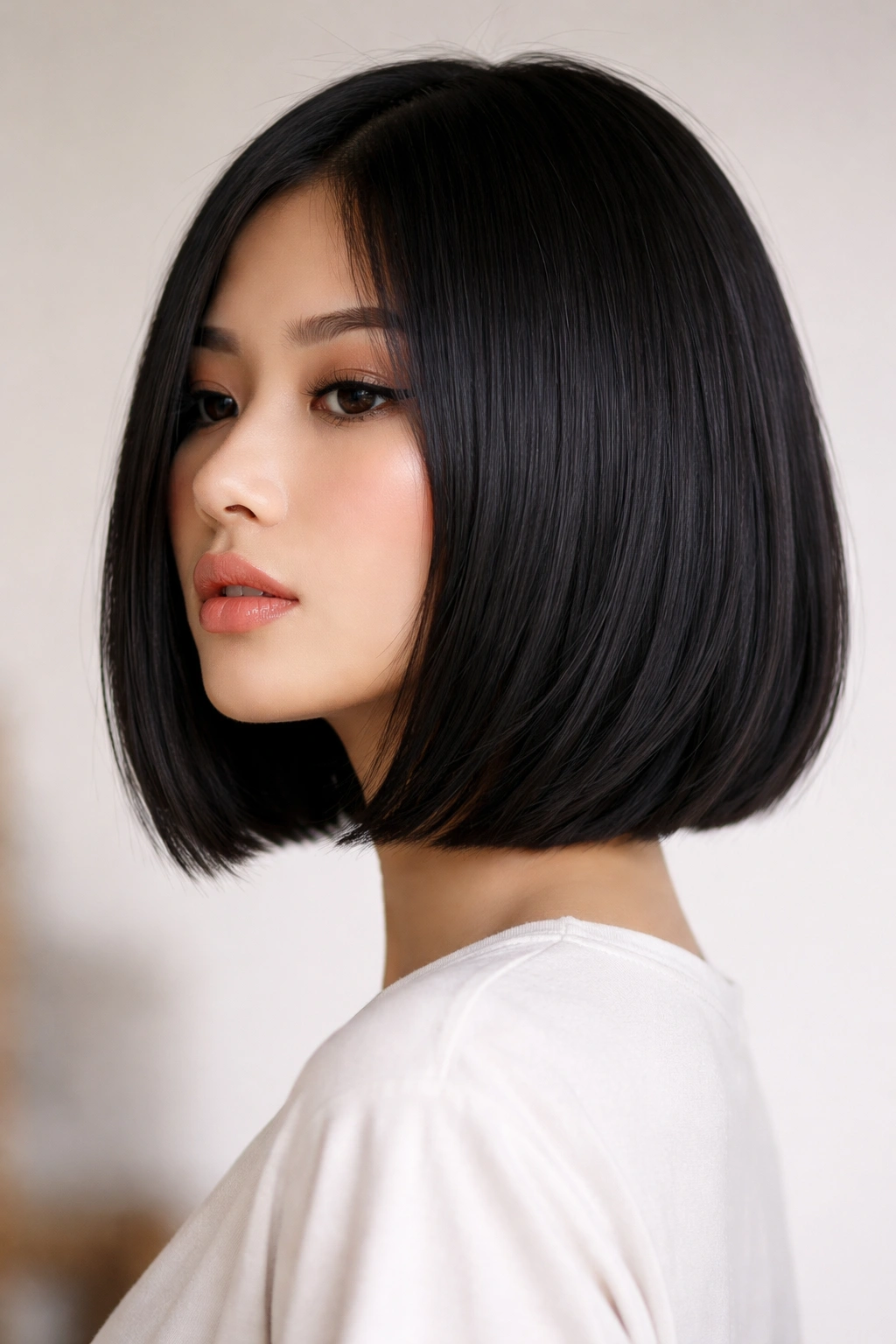 Close-up of a chin-length straight blunt bob with subtle inner layers on glossy Asian hair.