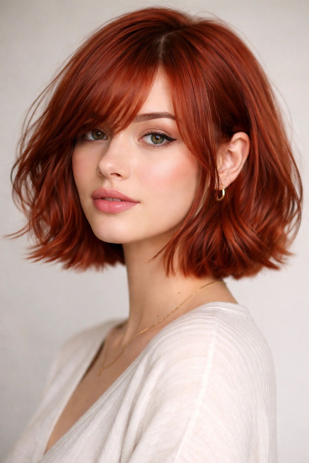 Red blunt bob with wispy side bangs close-up