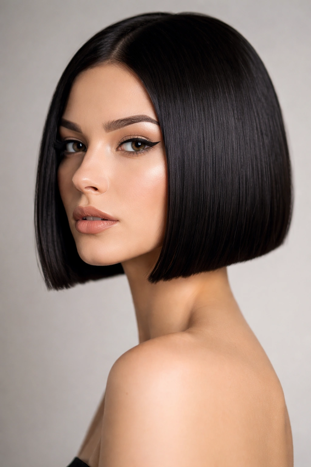 Close-up of jaw-length blunt bob with crisp straight hem and glossy finish.