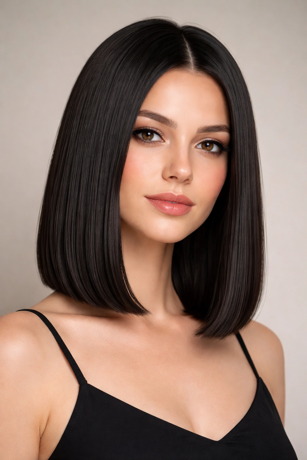 Close-up of a blunt shoulder-length bob on straight hair with a sleek, polished finish