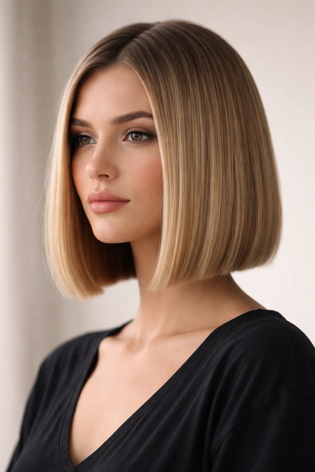Shoulder-grazing blunt bob with a crisp straight line on straight hair