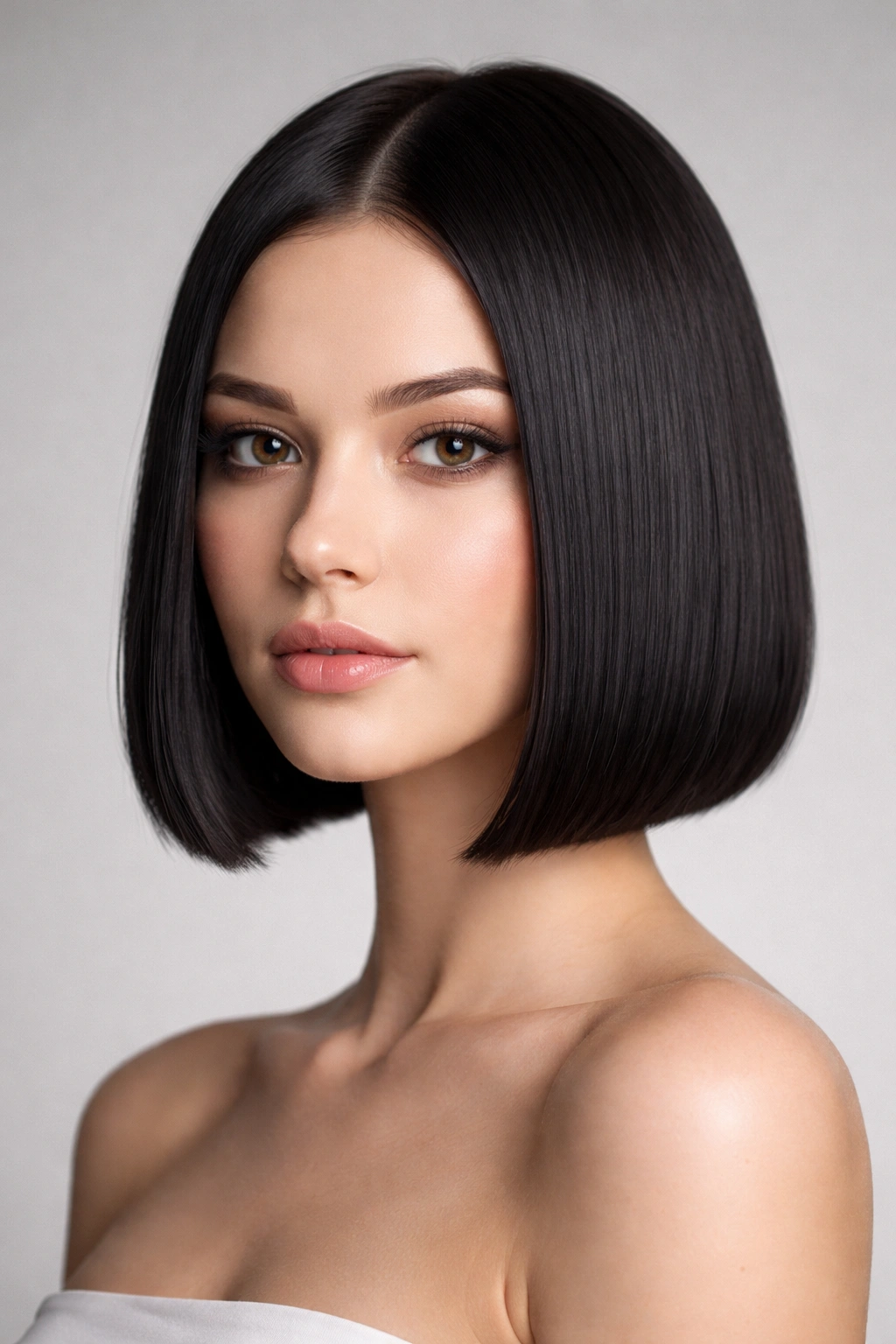 Close-up portrait of blunt-cut bob with straight, uniform length at chin level