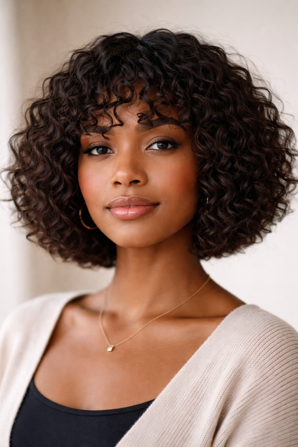 Chin-length blunt bob with textured layers on coily hair