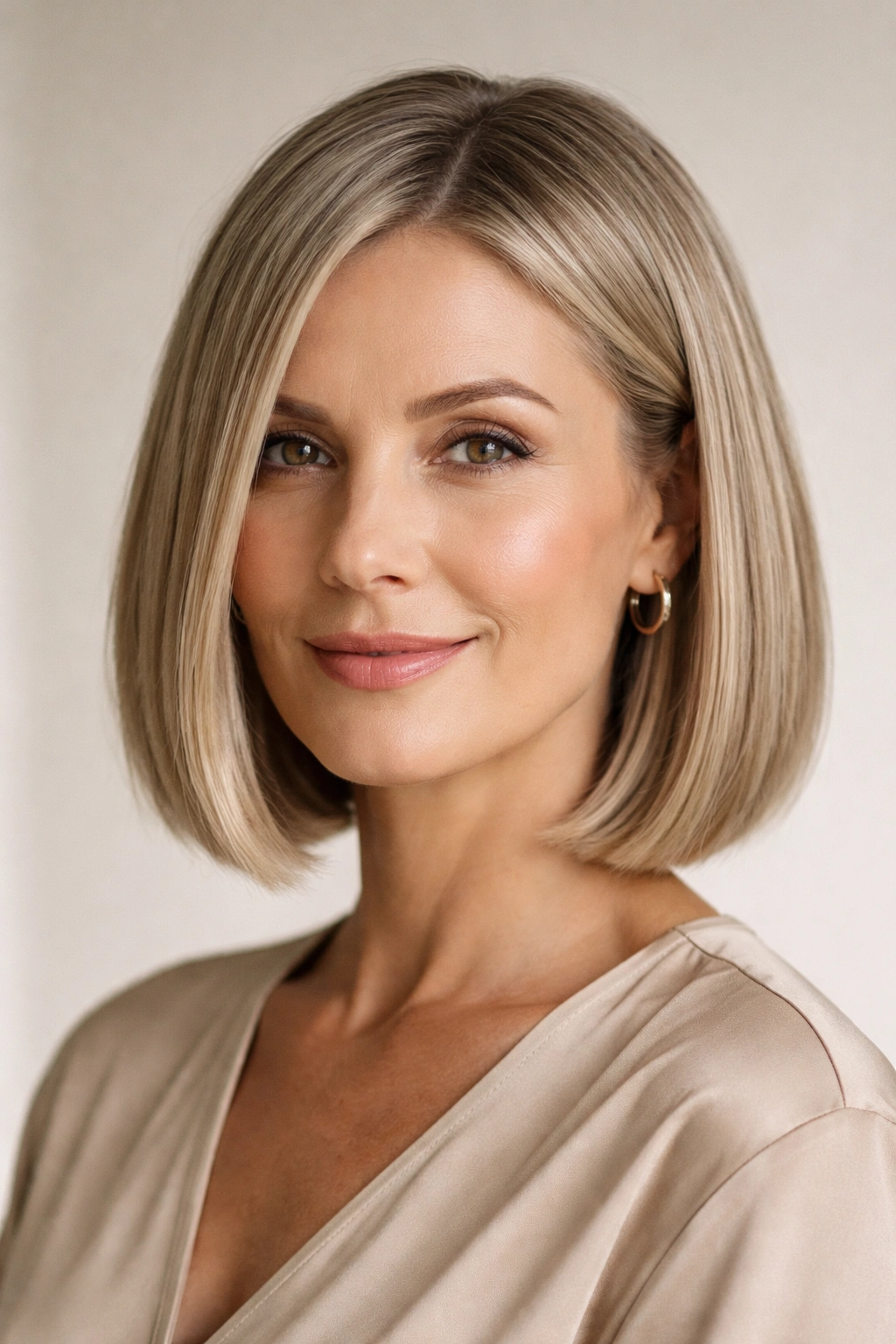 Close-up of a woman with a sleek blunt bob and textured ends