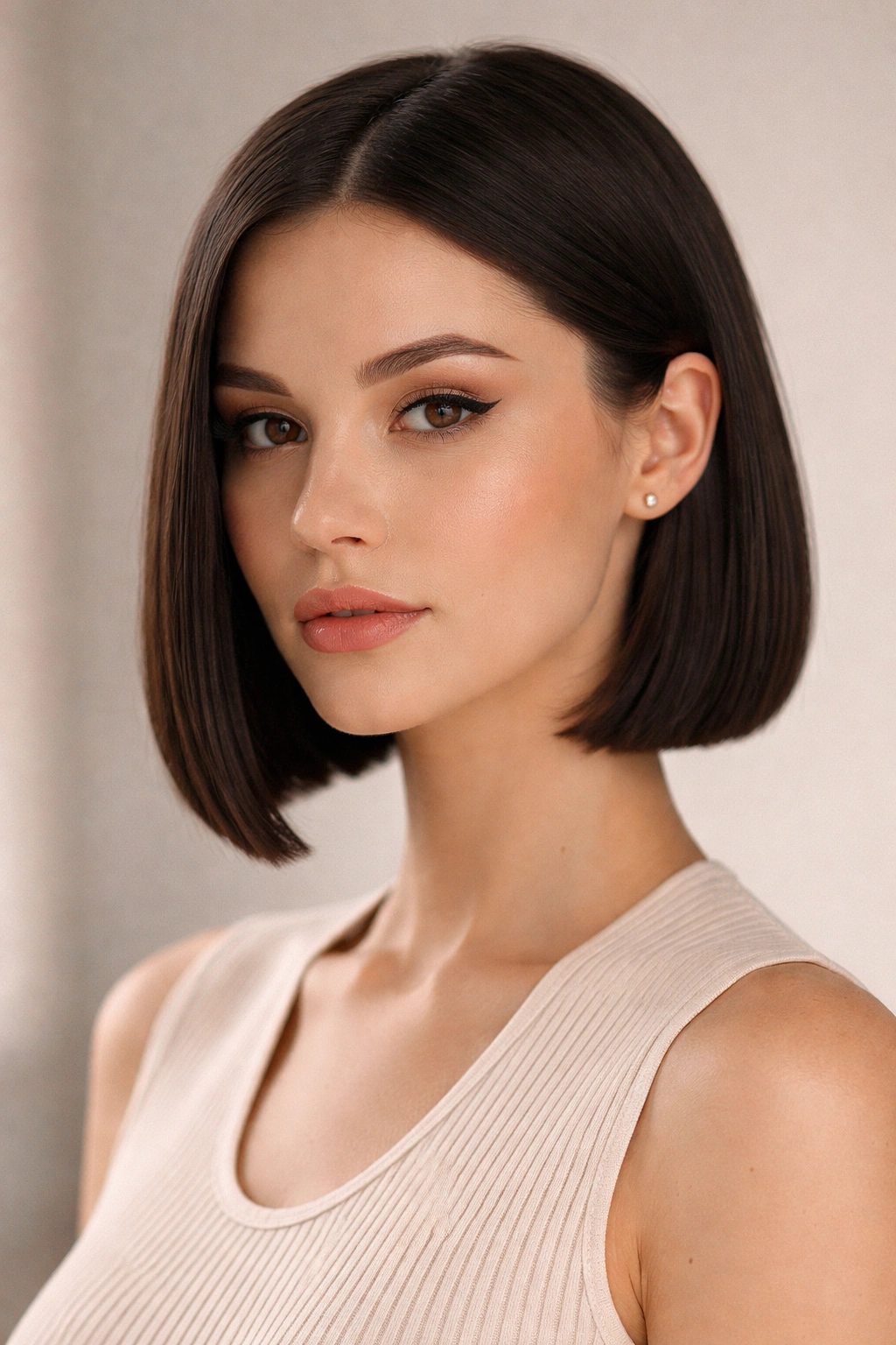 Blunt straight bob with tucked sides.
