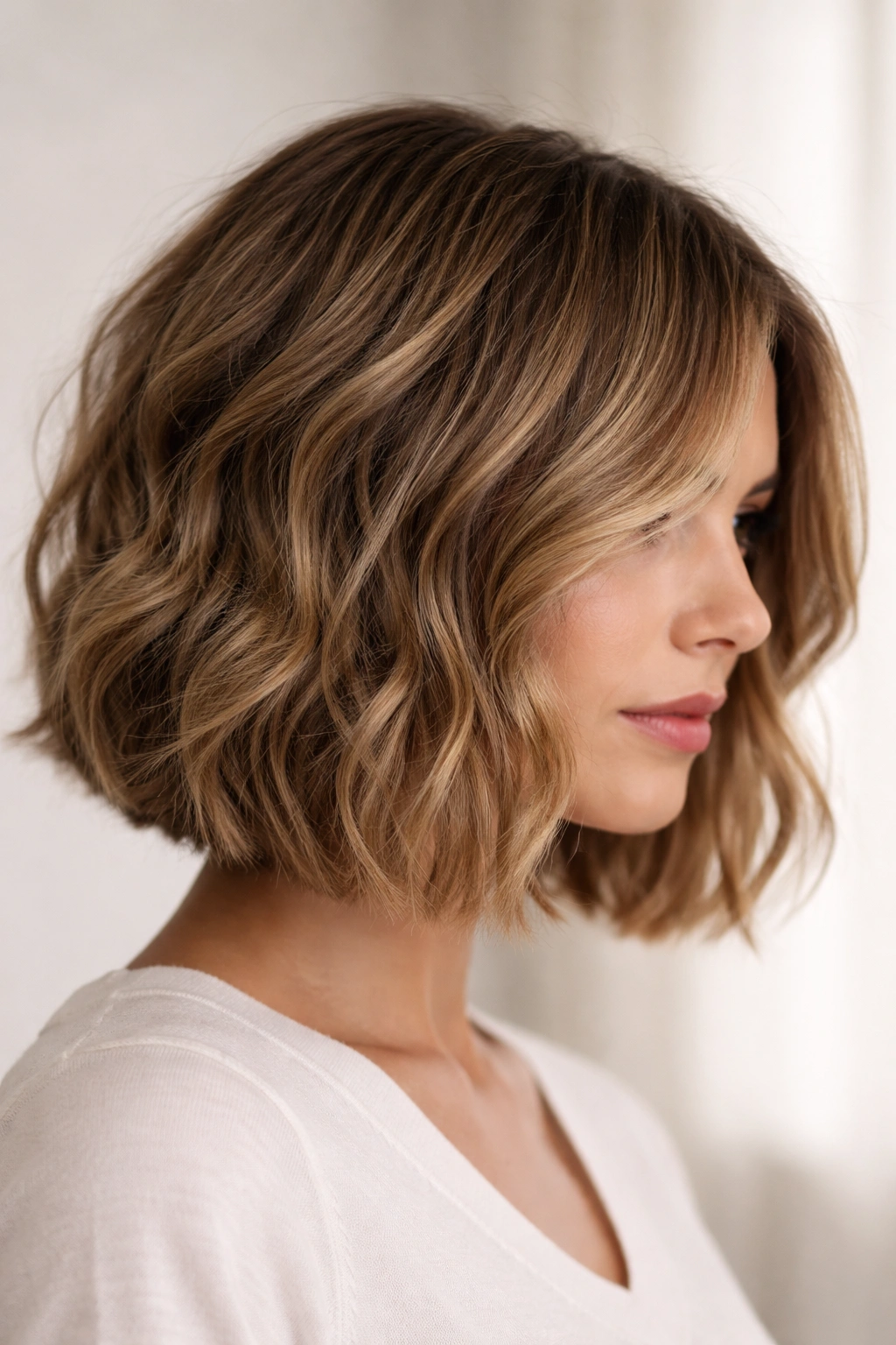 Close-up of blunt wavy bob with interior layers and soft texture on frizzy hair