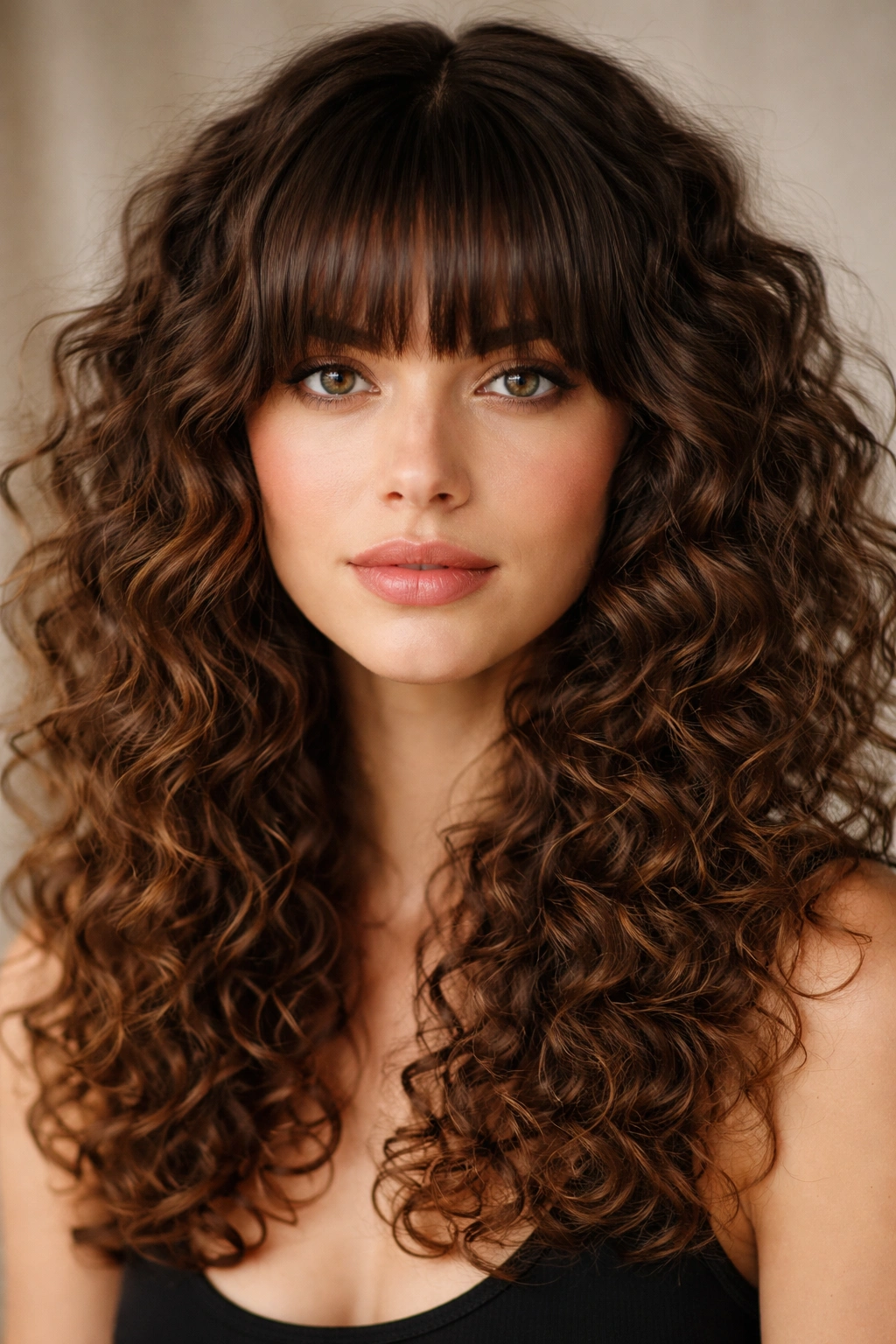 Close-up of curly hair featuring blunt curtain bangs with a straight edge