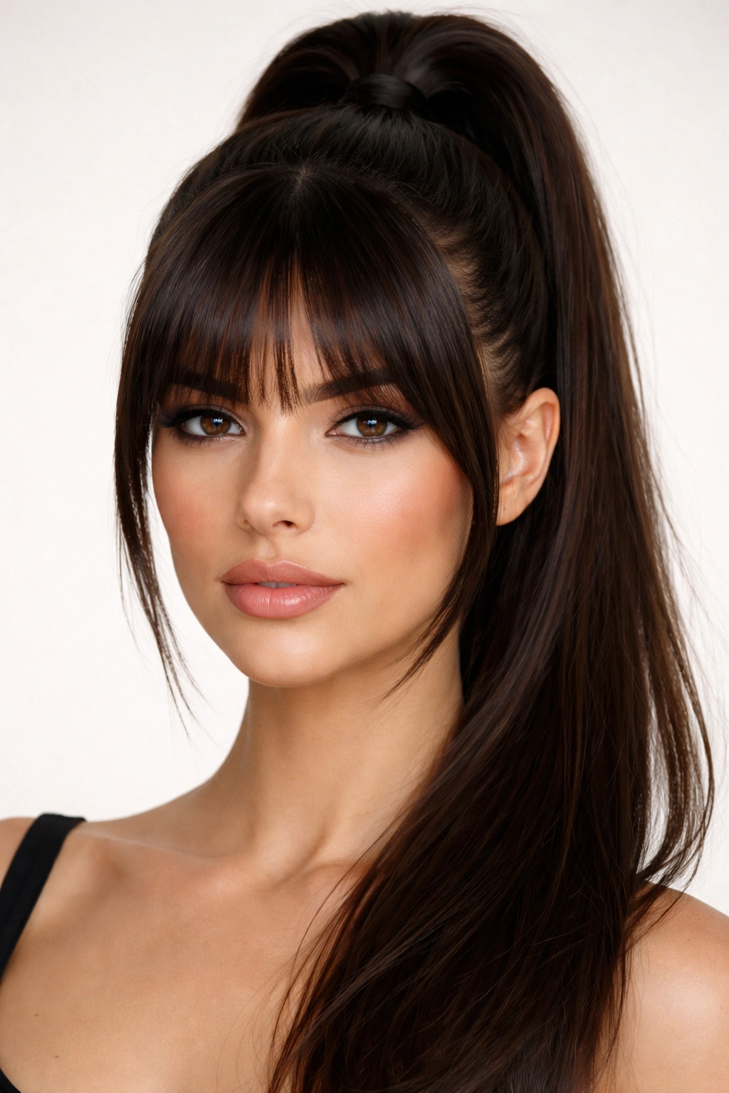 High ponytail with thick blunt curtain bangs, bold contrast