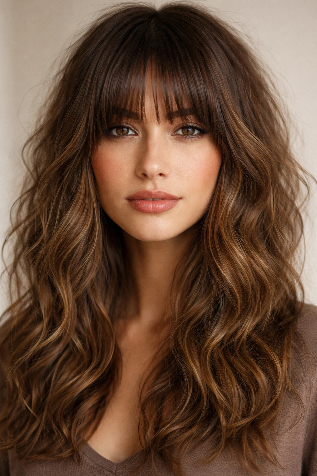 Front-facing portrait of blunt curtain bangs with textured, choppy waves