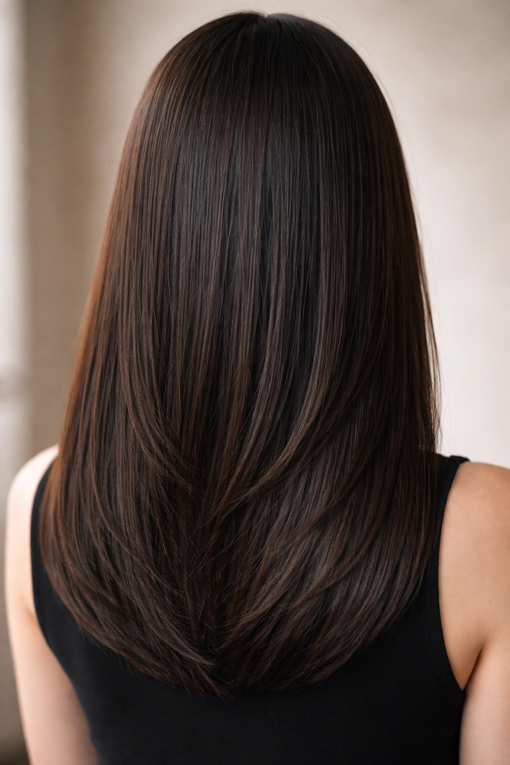 Shoulder-length blunt cut with hidden internal layers showing a clean blunt edge