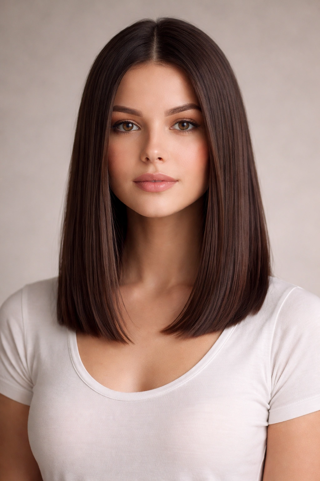 Portrait of blunt mid-length straight hair with a crisp edge