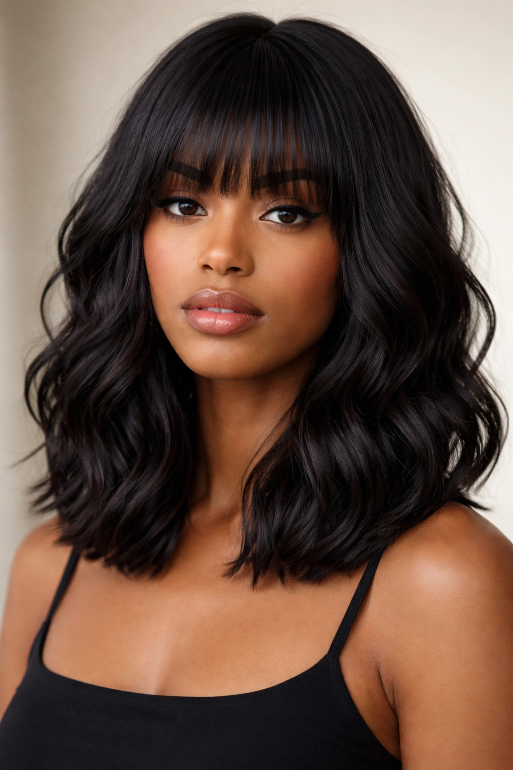 Blunt-cut medium waves with eyebrow-length bangs on black hair in studio lighting.