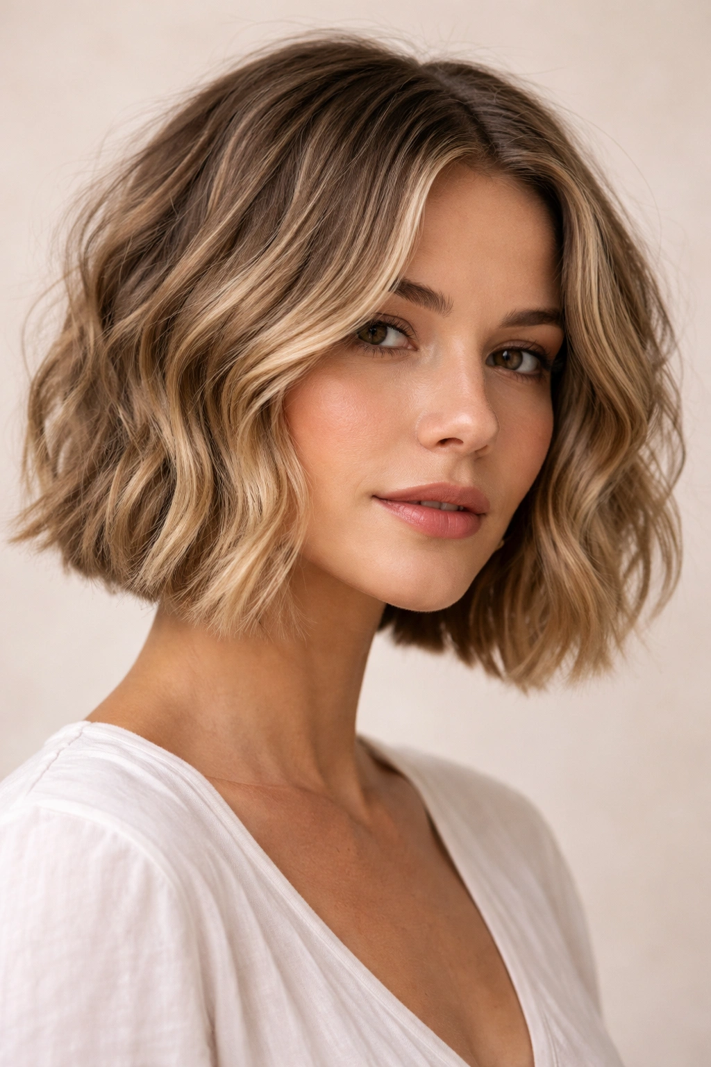 Close-up of a short blunt-cut hairstyle with textured waves in a studio setting