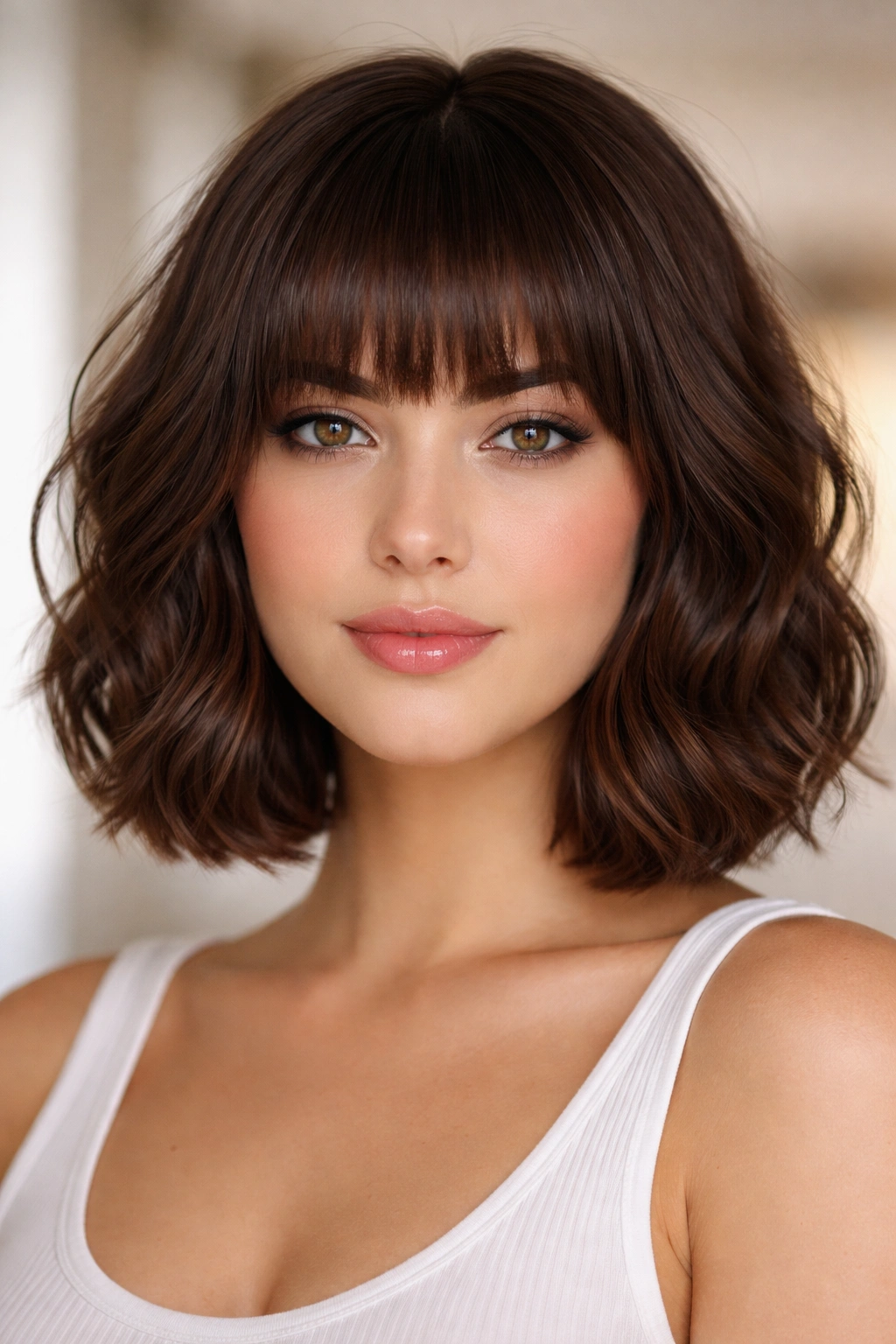 Blunt-cut wavy bob with full bangs across the forehead