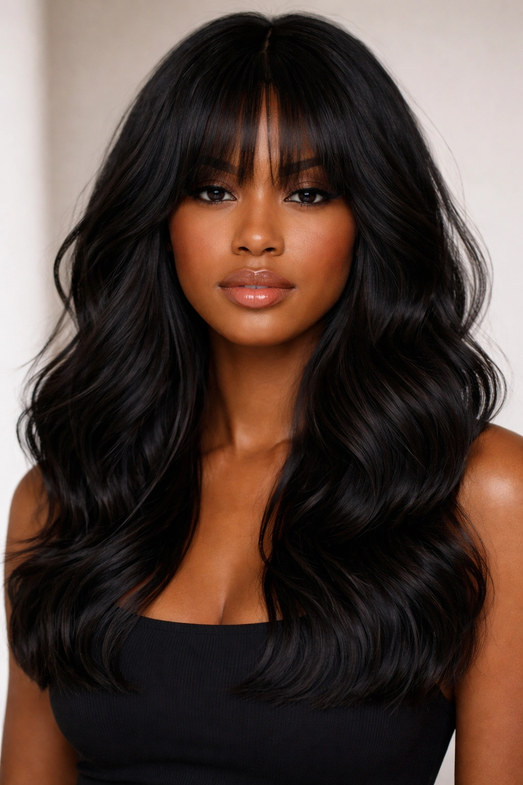 Blunt-edged waves with thick curtain bangs