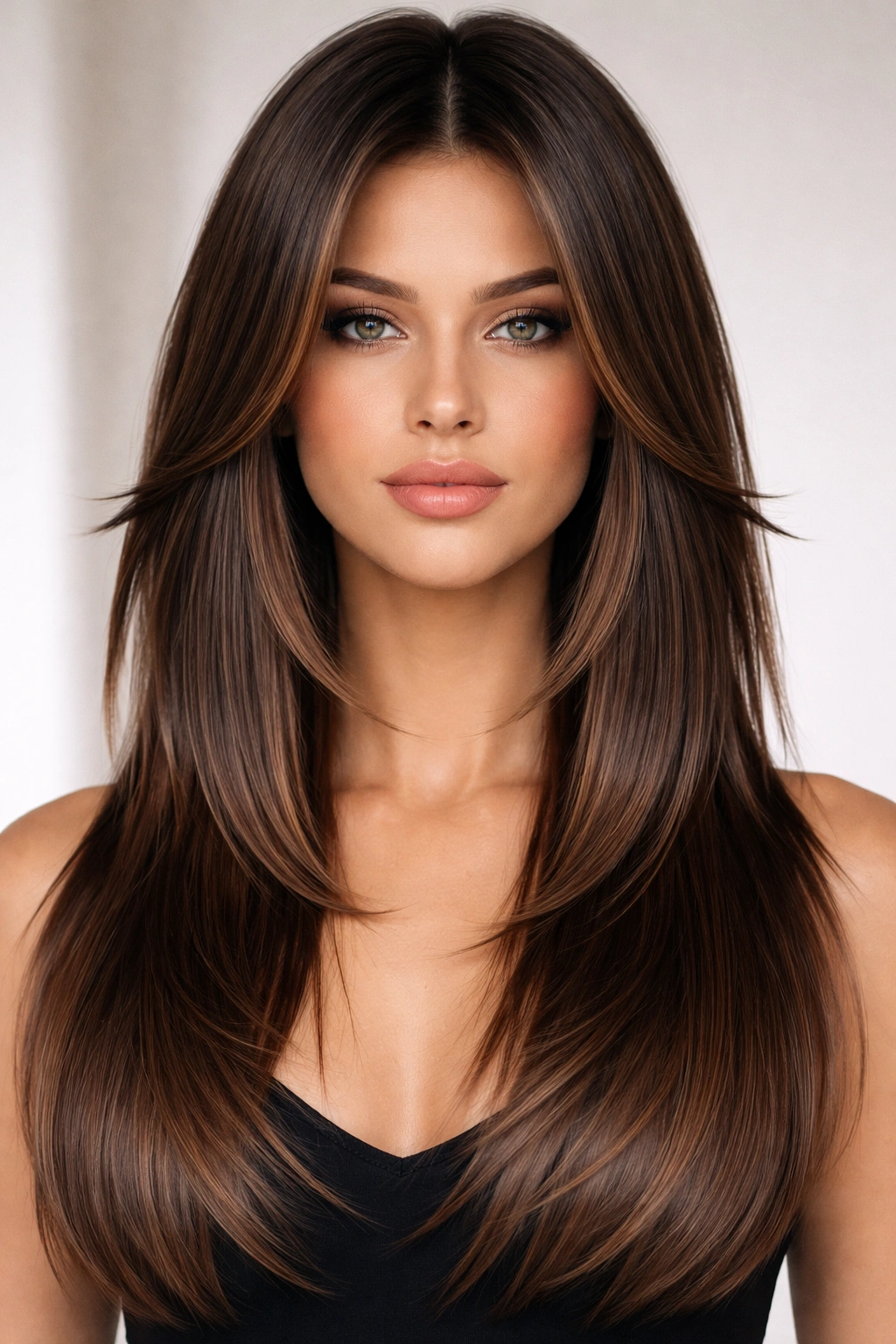 Frontal view of straight hair with blunt sharp-edged butterfly layers
