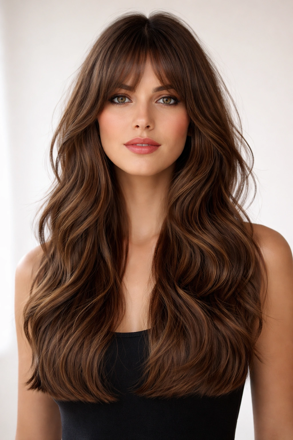 Long hair with blunt ends and defined interior layers in a modern shag