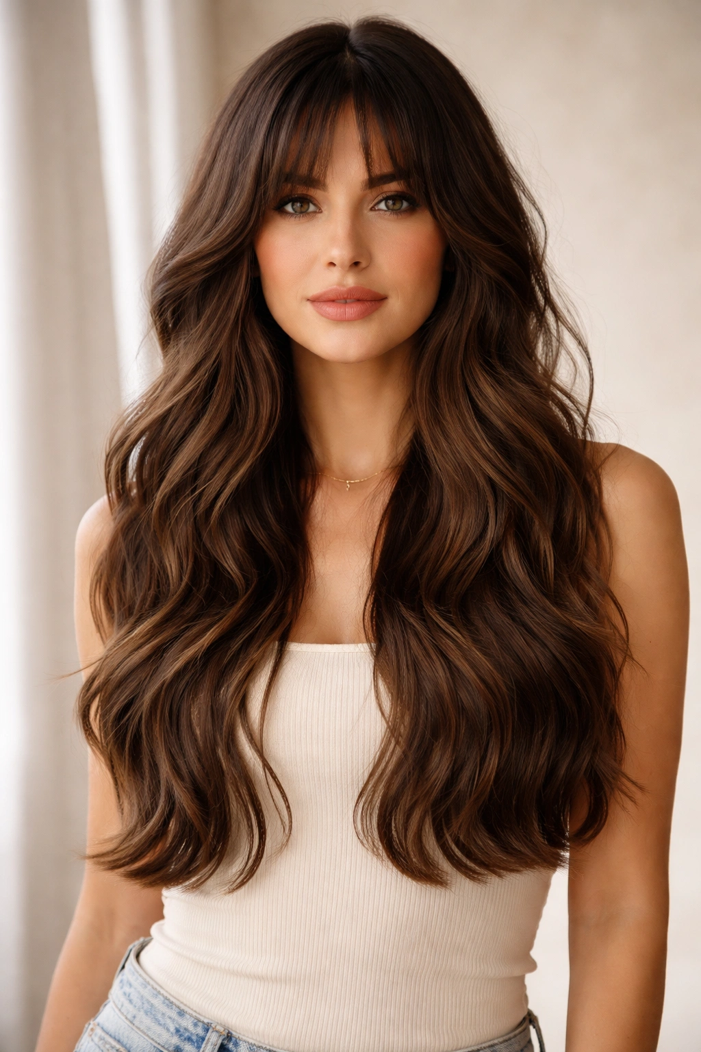 Long waves with blunt ends and feathered bangs creating soft movement.