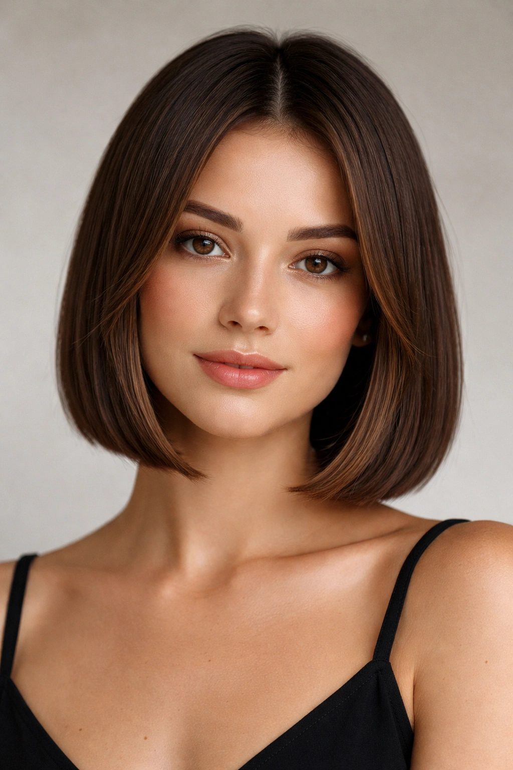 Blunt-ended Italian bob with face-framing layers around the cheeks.