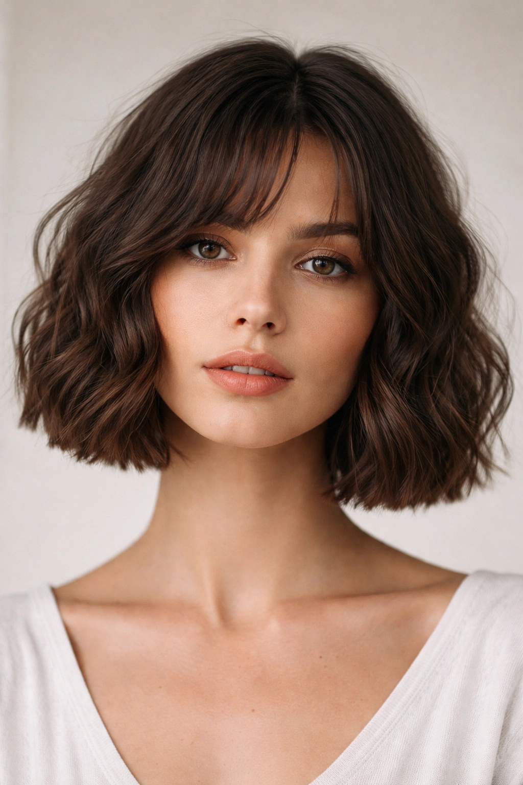 Blunt-ended wavy bob with straight-across hem and defined waves.