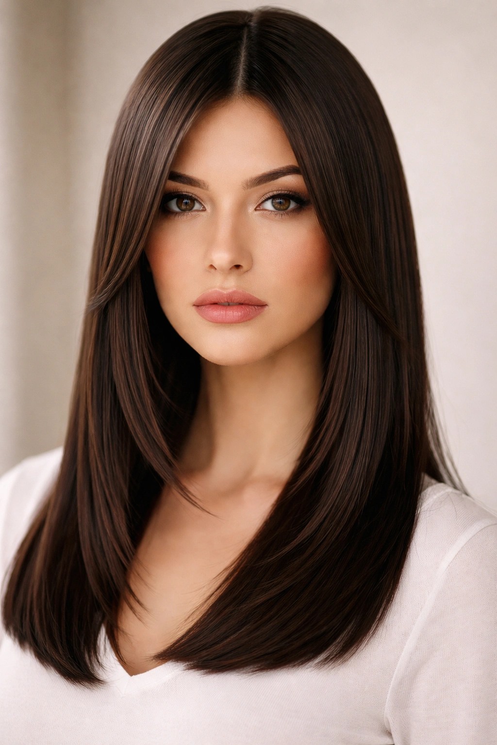 Portrait showing blunt face-framing layers with sharp front angles