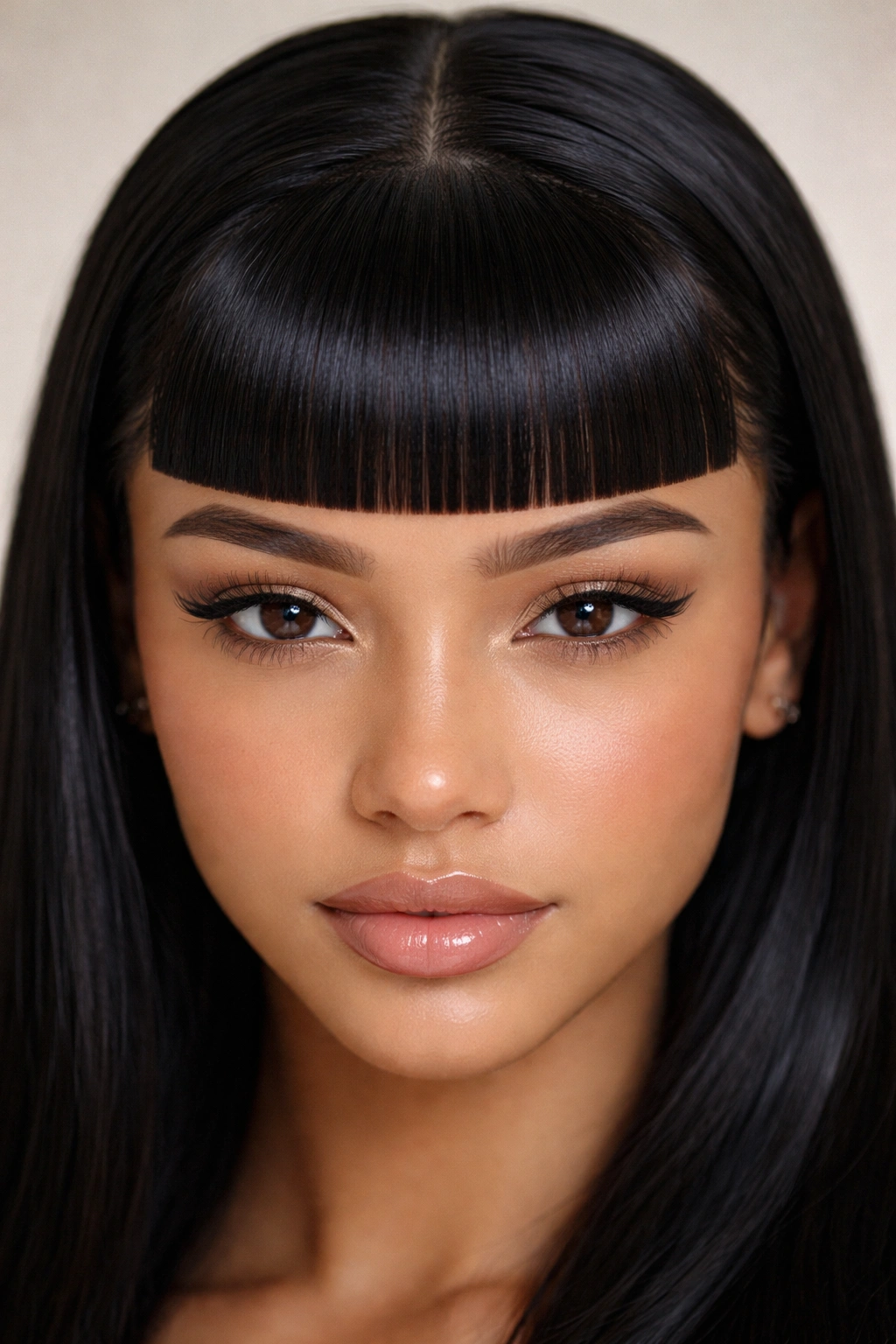 Close-up of blunt forehead fringe edges along hairline