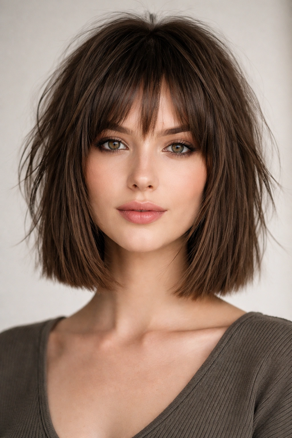 Portrait of a straight-haired person with a blunt-hem shag and choppy layered top