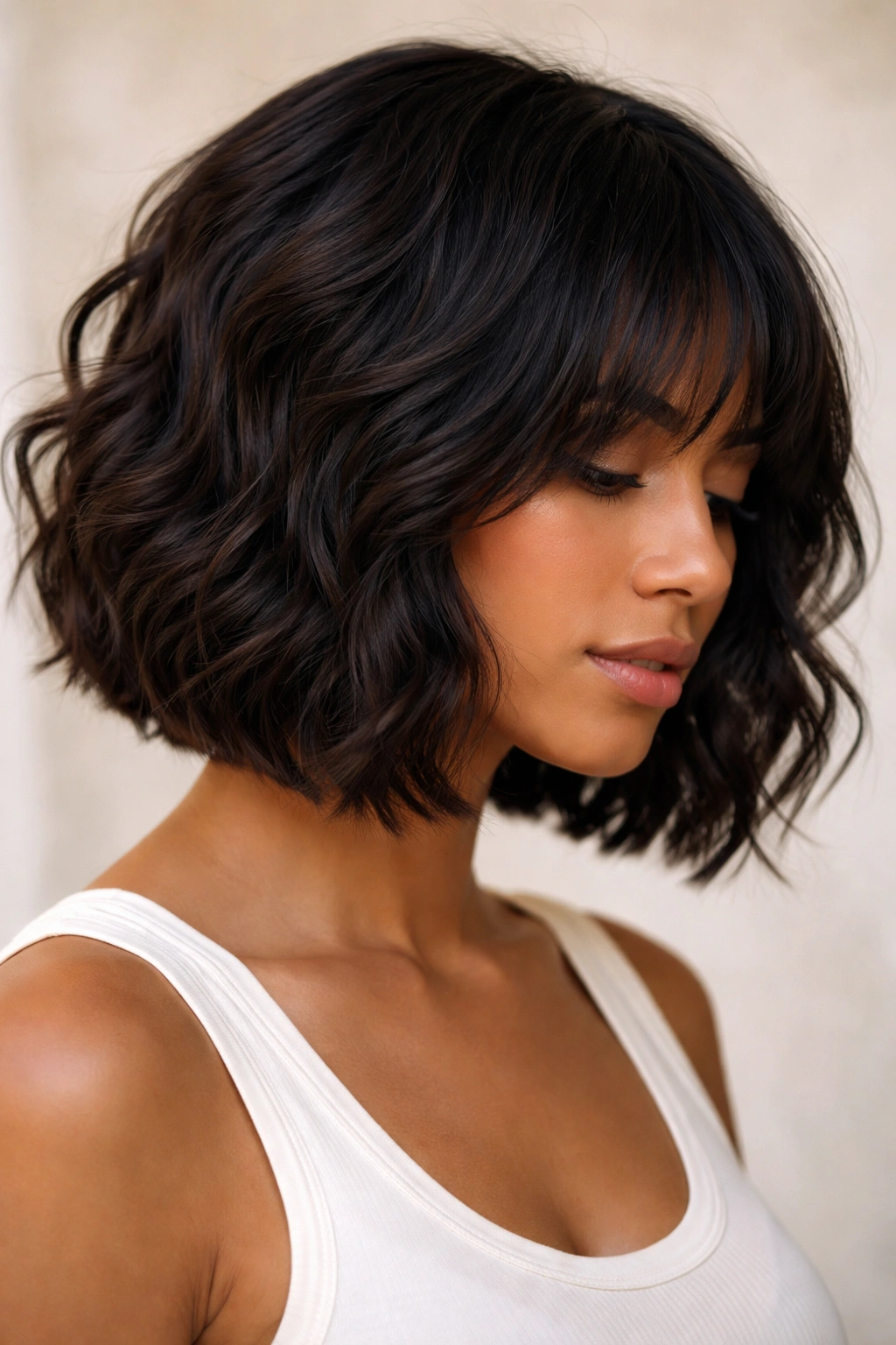 Close-up of blunt layered bob showing movement in wavy hair