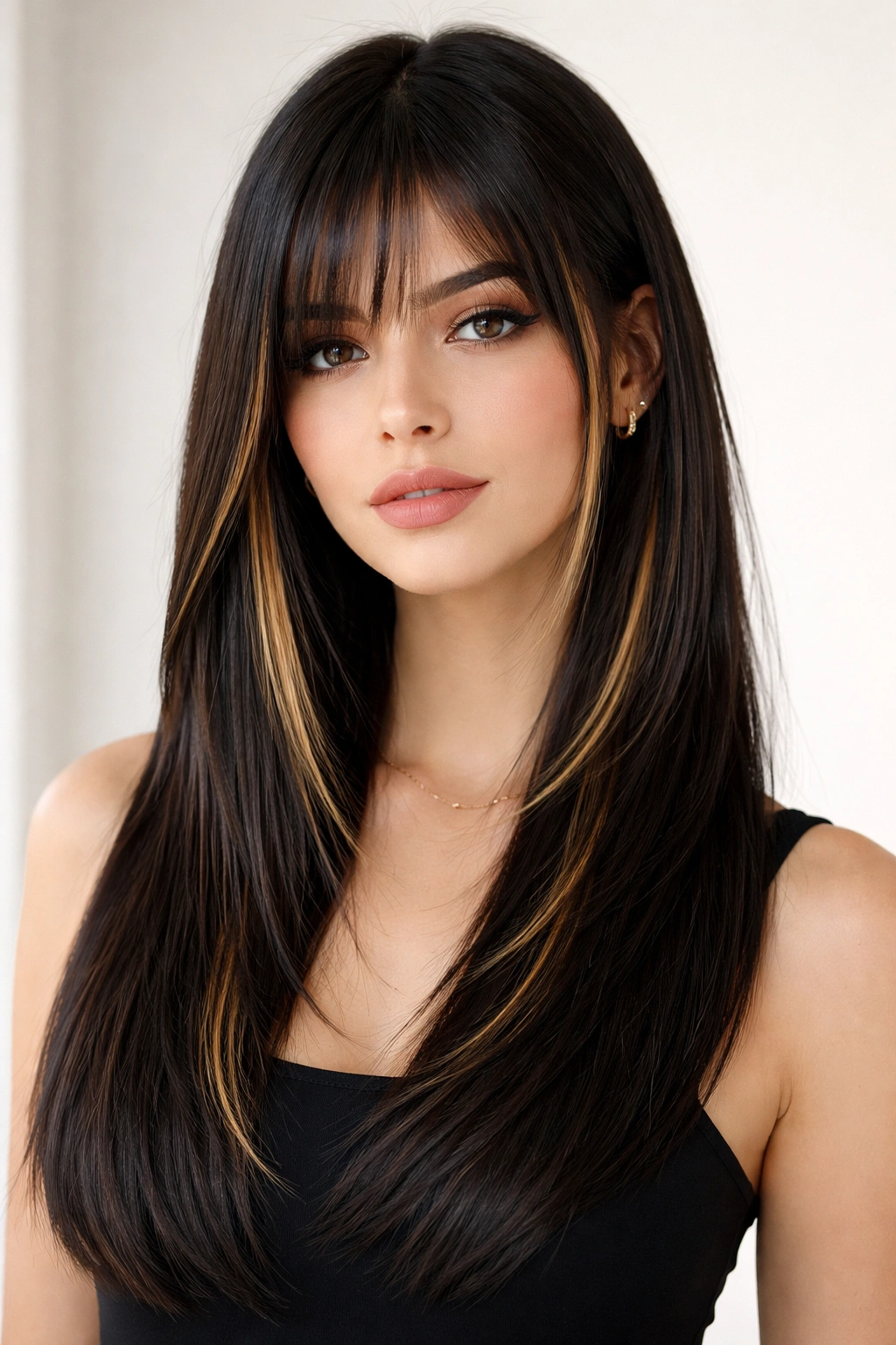 Portrait of blunt straight layers with peekaboo highlights catching light on the front layers.