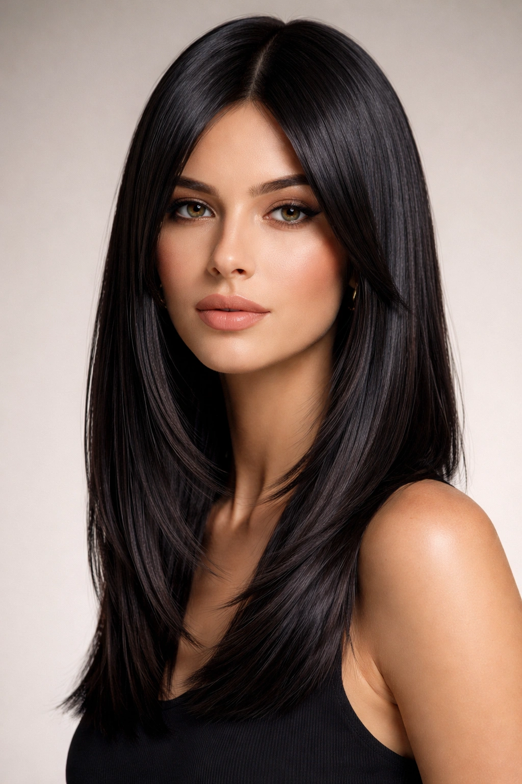 Close-up of pin-straight hair with blunt layers and high shine.