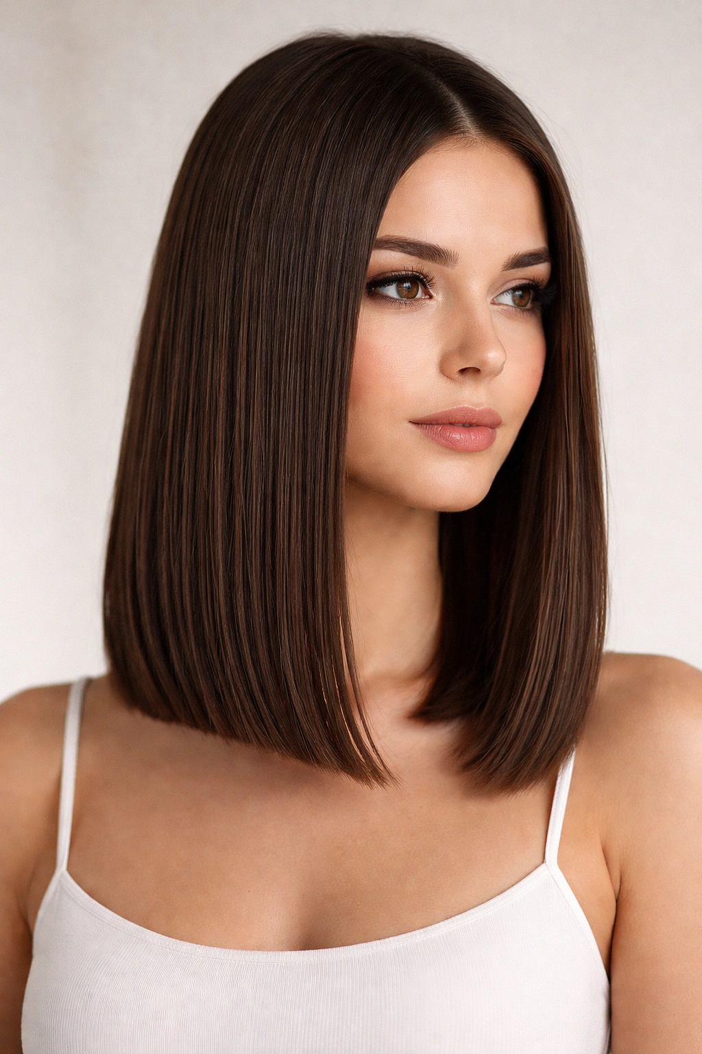 Blunt lob hairstyle with a straight cut along collarbone line