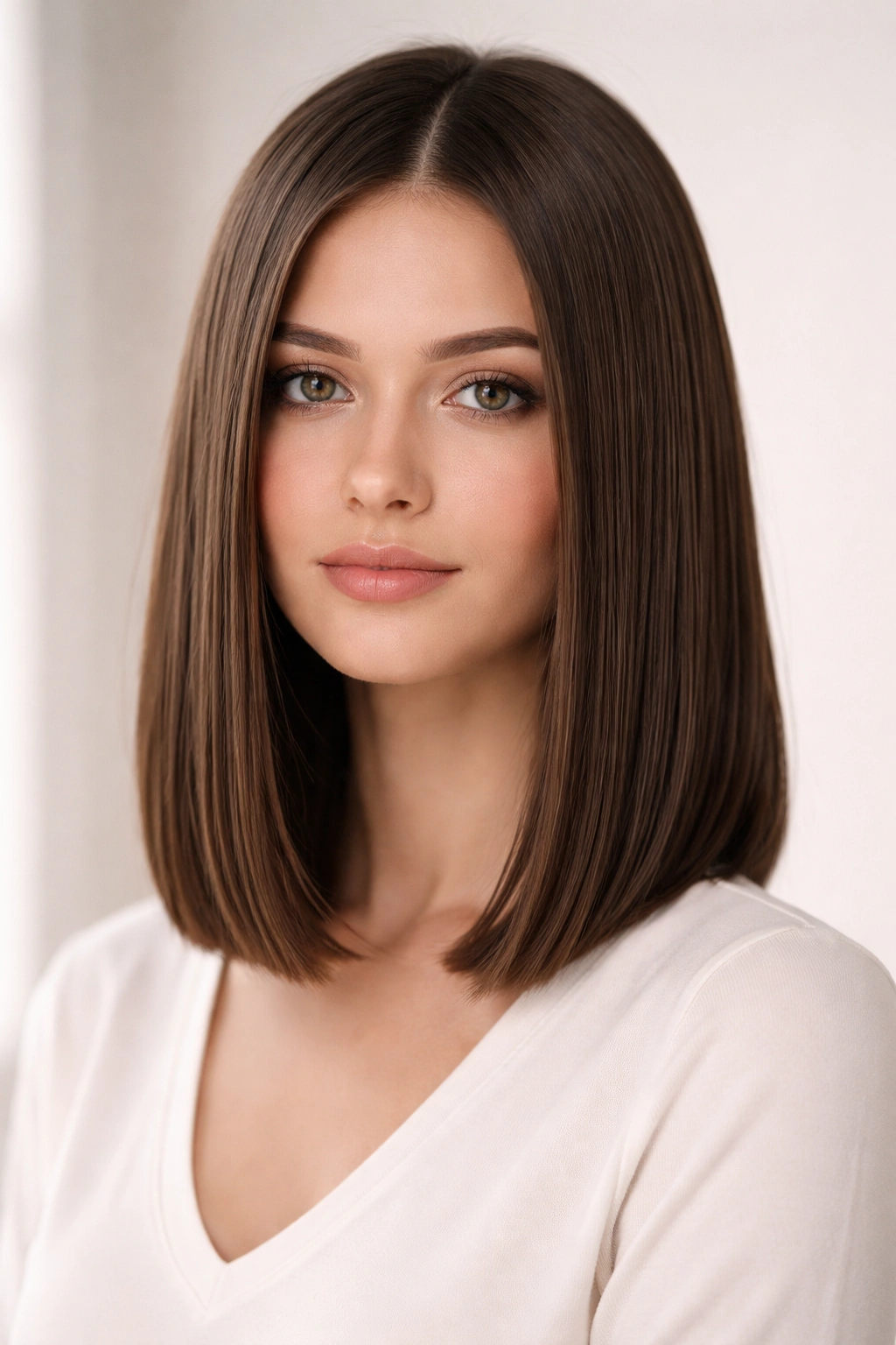 Close-up of blunt shoulder-length lob with straight, glossy hair